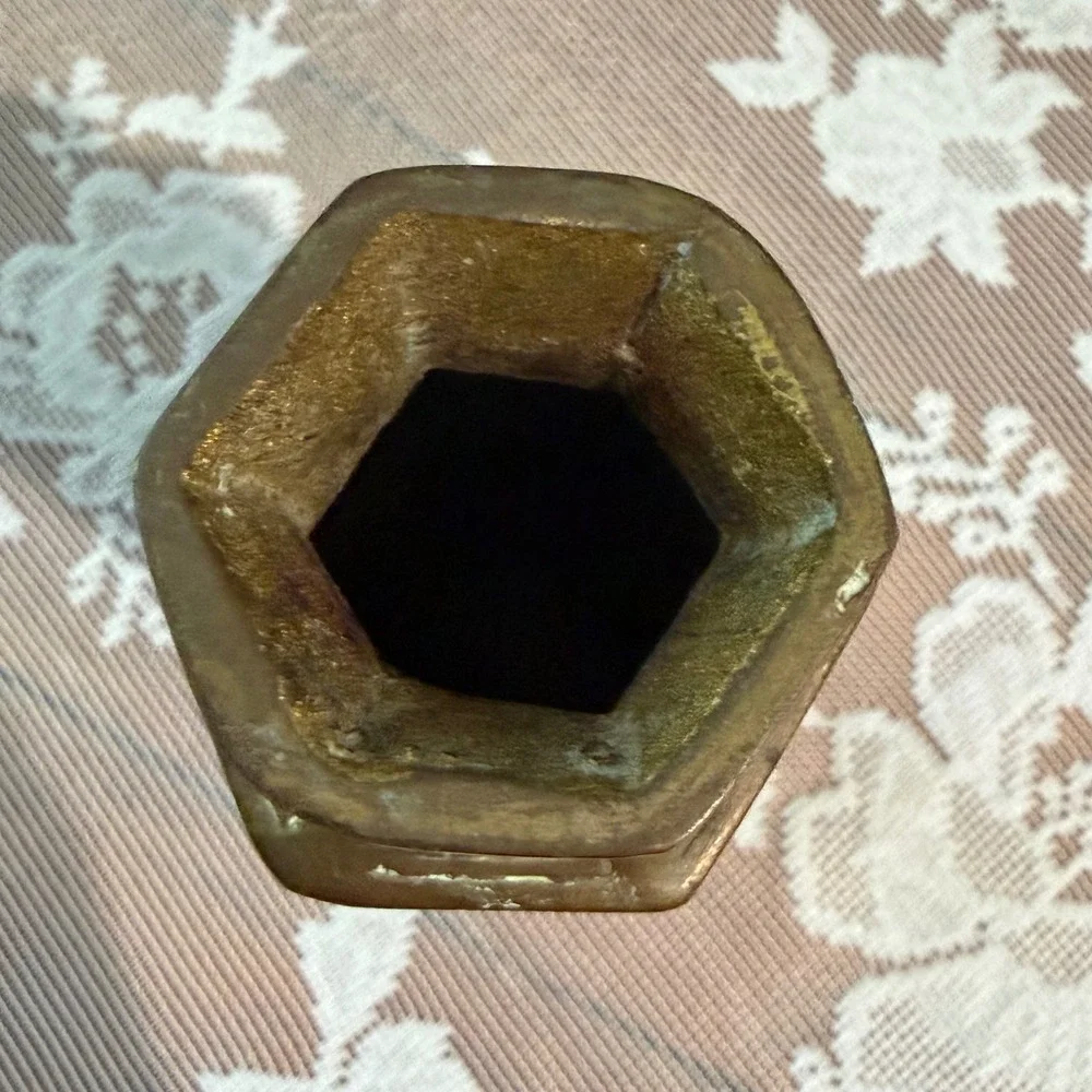 Vintage Etched Brass Bud Vase Unisex 5.5in Gold Middle Eastern Hexagonal